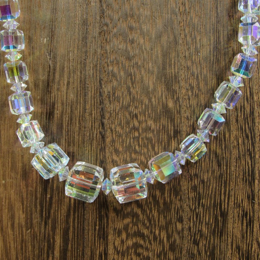 18" Sterling Silver Colorful Crystal Like Material Necklace Vintage